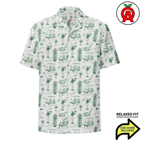 Discover Sporty Golf Player Cart Bag Pattern, Adult Unisex All-Over Relaxed Fit Button Up Hawaiian Shirt, Recycled Polyester, Moisture Wicking