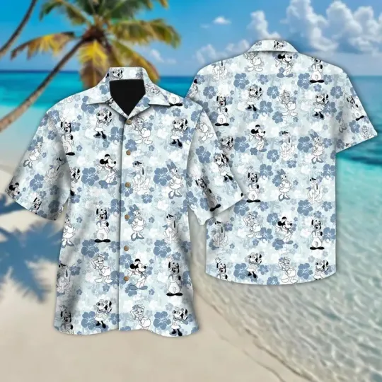 Discover Disney Mickey And Friends Blue Tropical Floral Vacation Trip Hawaiian Shirt