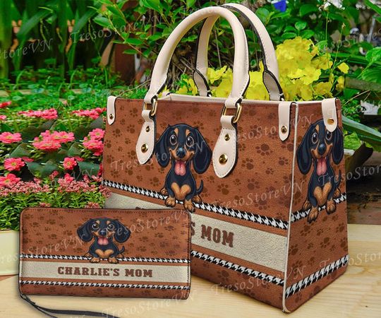 Discover Dachshund Dog Leather Handbag & Wallet, Dachshund Dog Shoulder Bag, Custom Bag, Retro Handbag, Mother's Day Gift, Gift For Mom.
