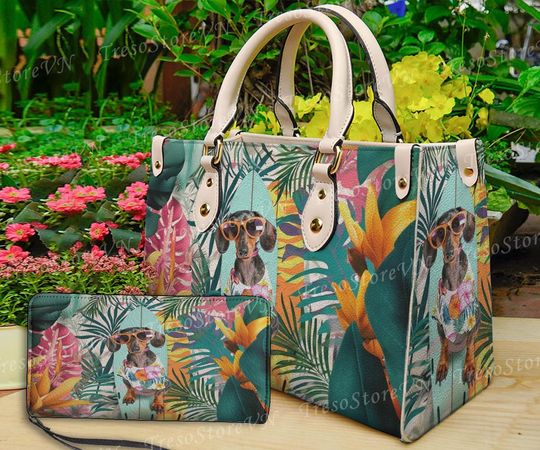 Discover Dachshund Dog Leather Handbag & Wallet, Dachshund Dog Shoulder Bag, Custom Bag, Retro Handbag, Mother's Day Gift, Gift For Mom.