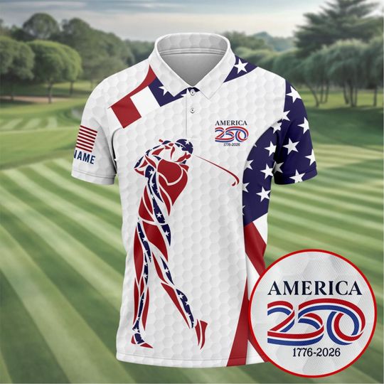 Discover America 250 Golf Polo Shirt, Patriotic USA Golf Shirt, 17762026 Independence Day Golf Polo, American Flag Golf Shirt