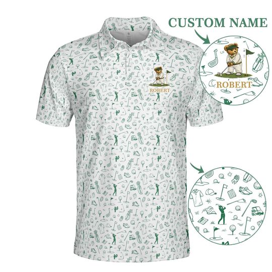 Discover Custom Name Bear Golf Polo Shirt, Fathers day Gift for Dad Papa, Men Golf Outfit, Women Polo Shirt, Summer Golf Shirt Gift for Golfer