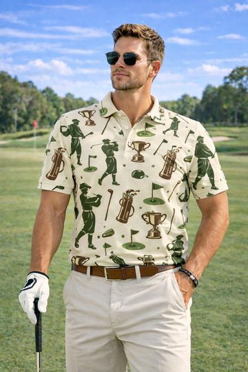 Discover Golf Polo Shirt, Vintage Golfer Trophy Golf Bag Hawaiian Polo, Golf Vacation Button Up, Retro Golf Polo Shirt, Golf Gift, Polo Father's Day