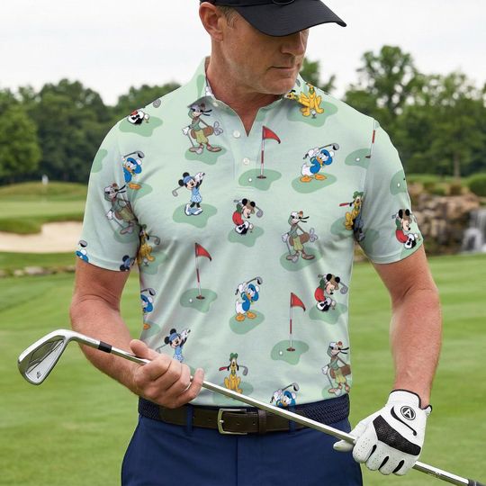 Discover Matching Disney Golf Polo Shirts, Mickey Minnie Donald Goofy Pluto Pattern Shirt, Cute Cartoon Golf Outfit, Funny Disney Golfer Wear
