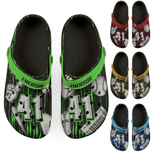 Discover Personalized Custom Child and Adult Baseball Dripping Paint Clogs Shoes Great Gift Fully Customizable