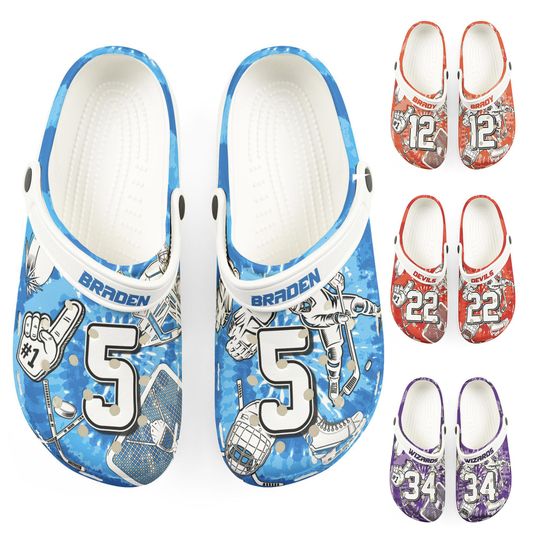 Discover Personalized Custom Child and Adult Hockey Tie Dye Clogs Shoes Great Gift Fully Customizable