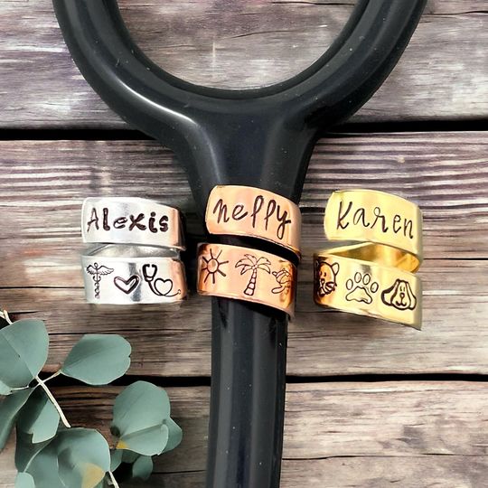 Stethoscope ID Tag Nurses Week Gift, Custom Hand Stamped Stethoscope Charm, Comes In Gold Silver Rose Gold, Stethoscope Name Tag Wrap