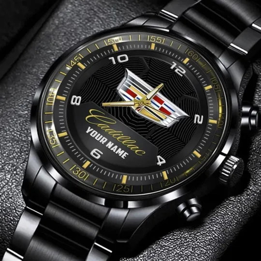 Discover Cadillacs Black Stainless Steel Watch with Personalized Name