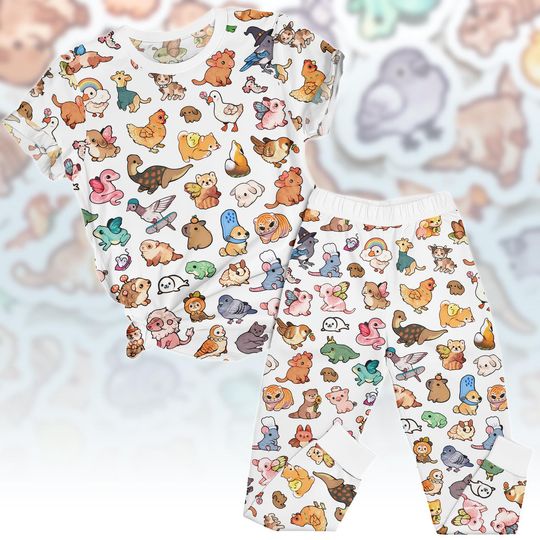 Discover Cute Animals Tee & Pants PJs, Kawaii Matching Pajama Set, Cartoon T-Shirt Pyjama, Family Homewear, Gift for Animal Lover