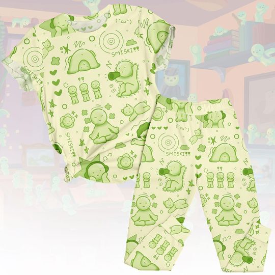 Discover Smiski Tee & Pants PJs, Cute Green Matching Pajamas Set, Cartoon T-Shirt Pyjama, Family Sleepwear, Gift for Fans