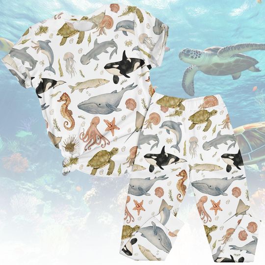 Discover Ocean Life Tee & Pants PJs, Sea Matching Pajamas Set, Marine T-Shirt Pyjama, Aquatic Sleepwear, Homewear Set Gift