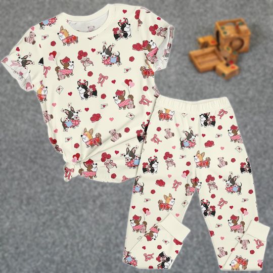 Discover Cute Corgi Tee & Pants PJs, Corgi Heart Matching Pajamas Set, Valentine's T-Shirt Pyjama, Women Sleepwear, Gift for Dog Lover