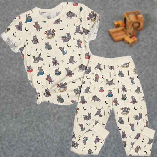 Discover Cat Lover Tee & Pants PJs, Book Reading Matching Pajamas Set, Cute Cat T-Shirt Pyjama, Women Sleepwear, Birthday Gift