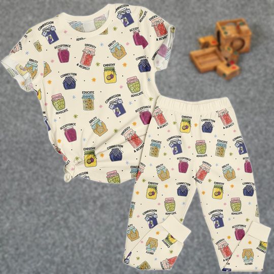 Discover Cute Art Tee & Pants PJs, Jar Matching Pajamas Set, Cartoon T-Shirt Pyjama, Family Homewear, Gift For Her