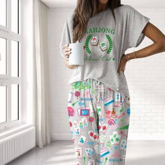 Discover Mahjong Pajama Set  Tile Print Loungewear
