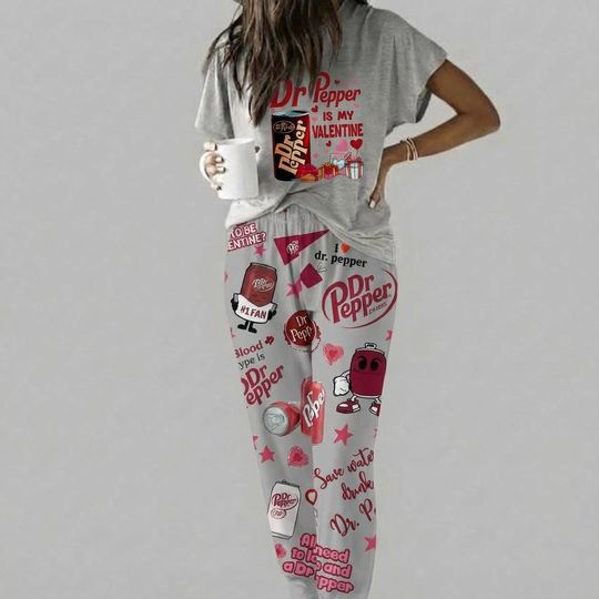 Dr Pepper-Inspired Casual Pajama Set for Women, Soda Print Loungewear, Fun Pajama Set for Fans of Fizzy Drinks & Sweet Valentines Day Style