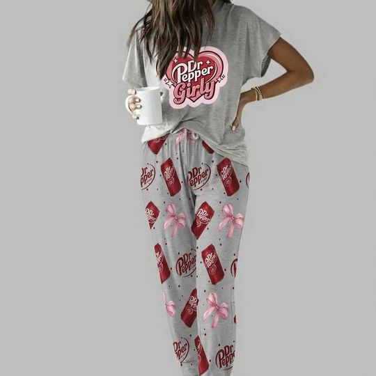 Dr Pepper Lover-Inspired Casual Pajama Set for Women, Cute Soda Can & Bow Print Loungewear, Fun Pajama Set for Fizzy Drink Fans