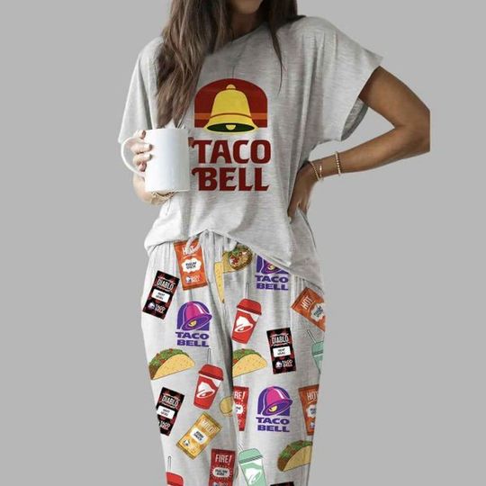 Taco Bell Fast Food Casual Pajama Set - Taco & Sauce Print Loungewear for Taco Enthusiasts