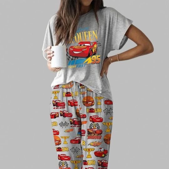 Discover McQueen Race Car Hero-Inspired Pajama Set for Women, #95 Speed Racing Print Loungewear, Fun Sleepwear for Fans of Animated Racing Movies