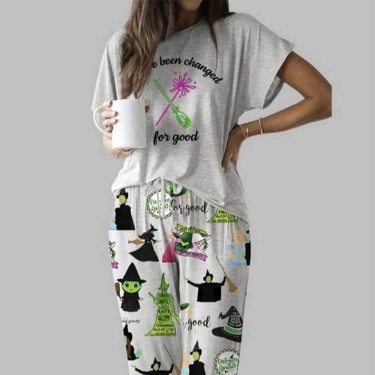 Discover Wicked Witch Print Pajama Set, Satin Lounge Pants, Women's Sleepwear
