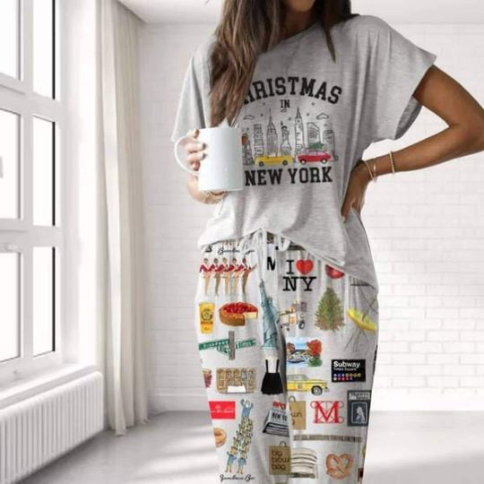 Discover New York Christmas Pajama Set  NYC Skyline Satin Sleepwear, Trendy Pajamas Set For Women
