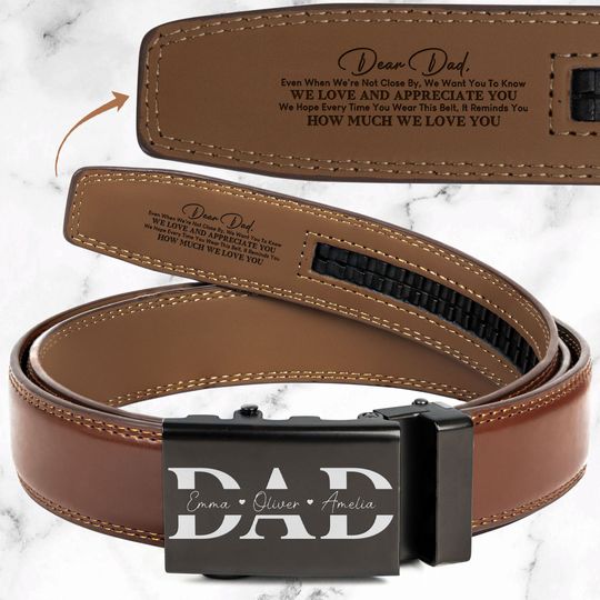 Discover Dad With Kids' Names - Personalized Leather Belt With Engraved Buckle