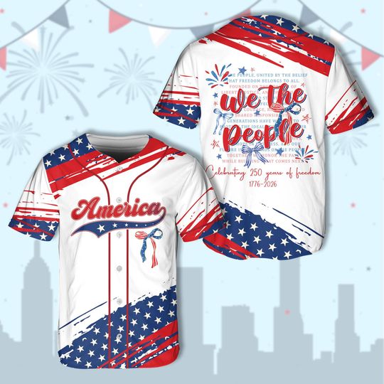 Discover Coquette Bow America 250th Anniversary Jersey, Patriotic We The People 1776-2026 Celebration, 4th Of July Gift, 250 Years Baseball Jersey