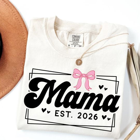 Discover Mama Est 2026 Comfort Colors Shirt, New Mom 2026 Gift, Pink Bow Coquette Mom Design, First Time Mom Pregnancy Announcement