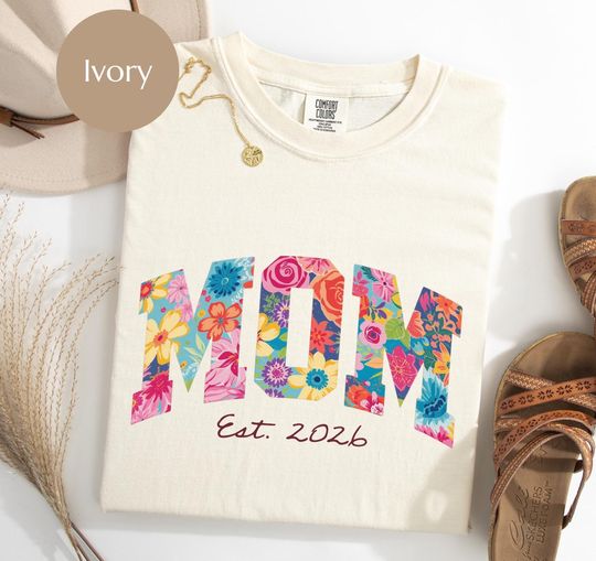 Discover Mom Est. 2026 Floral T-Shirt & Sweatshirt, Colorful Flower MOM Design, First Time Mom Gift, Pregnancy Announcement, New Moms Announcement.