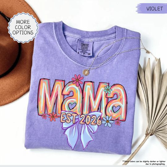 Discover Comfort Colors Mama Est 2026 Shirt, Coquette Bow Mama TShirt, First Time Mom Tee, Floral Mama Shirt, Mothers Day Gift, Pregnancy Reveal Tee