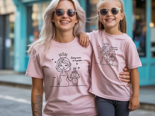 Discover Crowned Woman Shirt, Whimsical Fantasy Art Top, Charming Family Bond Graphic Tee for Mother and Child