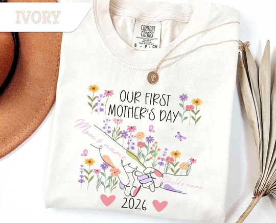 Discover Custom Mom And Baby Name Tee, Our First Mothers Day Shirt 2026, , Personalized New Mom Gift
