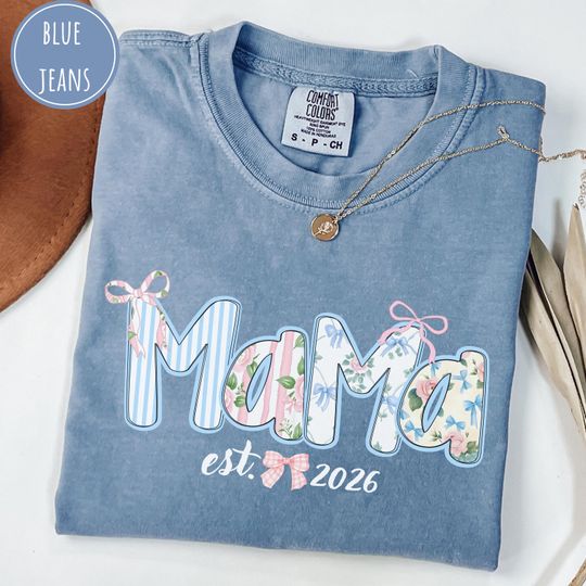 Discover Custom Floral Mama Shirt, Comfort Colors Mom Est 2026 T-Shirt, Personalized New Mom Gift, Bow Coquette Mothers Day Tee, Trendy Mom Shirt