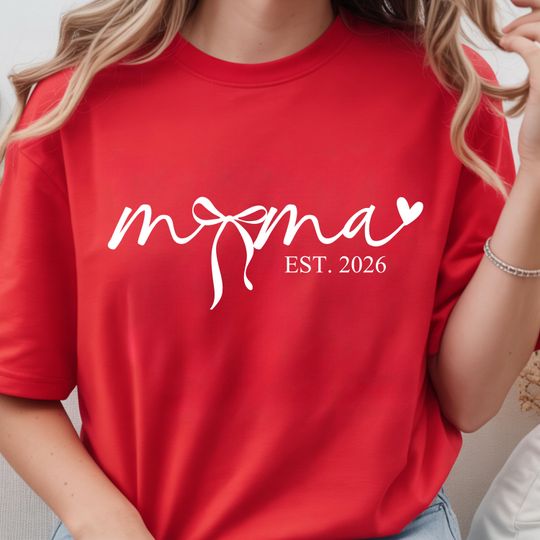 Discover Mama Est 2026 Shirt with Bow, Coquette Mama T-shirt, New Mom Gift, Baby Announcement Shirt, Mother's Day Gift, Comfort Colors 1717 Navy Tee