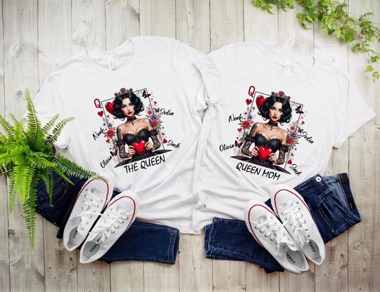 Discover Queen of Hearts Shirt, Personalized Mothers Day Gift, Gothic Mom Shirt, Mama with Children Names Tee, Queen Mom Shirt