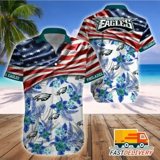 Discover Philadelphia Eagles Stars And Flowers Patriotic Hawaiian Shirt, Gift For football Fan