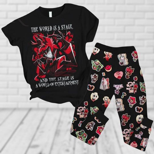 Discover Hazbin Hotel The World Is A Stage Of Entertainment Pajamas Set, Alastor T-Shirt And Pants, Radio Demon Tee, Anime Movie Fan Gifts