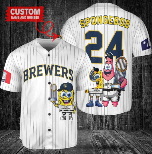 Milwaukee Brewers x SpongeBob SquarePants with Trophy Custom Baseball Jersey