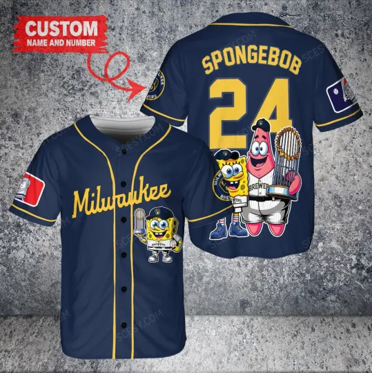 Milwaukee Brewers x SpongeBob SquarePants with Trophy Custom Baseball Jersey