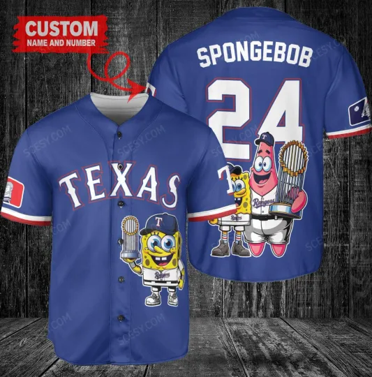 Texas Rangers x SpongeBob SquarePants with Trophy Custom Baseball Jersey