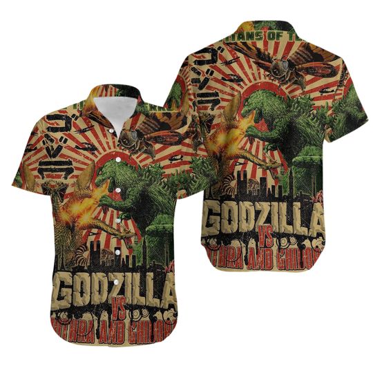 god zilla vs Mothra and Ghidorah Unisex Hawaiian Shirt Full Size, Beach Vacation Shirt, Unisex Hawaiian Shirt Gift