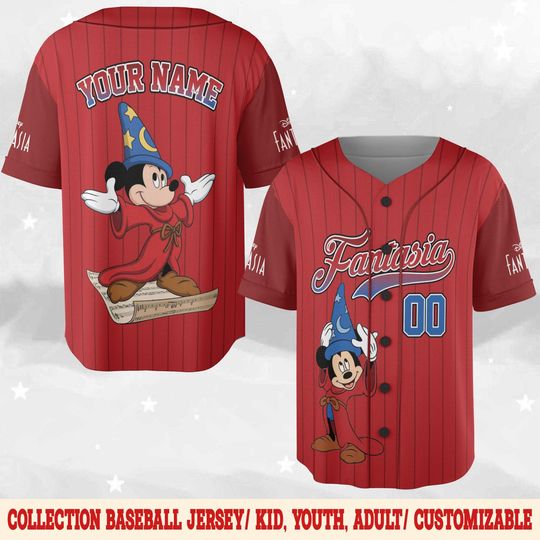 Personalized Mickey Mouse Disney Fantasia Baseball Jersey, Sorcerer Mickey Wizard WDW Disneyland Family Trip Kid Youth Adult