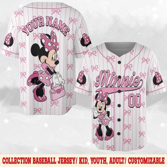 Discover Personalized Coquette Bow Minnie Baseball Jersey, WDW Disneyland Trip Jersey, Disney aesthetic Jersey, Gift For Her