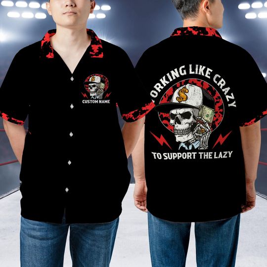Discover Custom Name Skull Hawaiian Shirt For Men & Women Funny Work Hard Graphic Personalized Bold Summer Casual Party Street Style