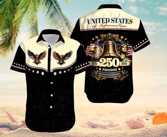 Discover 250 Years of Freedom Button Shirt, Retro America 250th Anniversary Hawaiian Shirt, Patriotic Eagle Statue of Liberty Independence Day Gift