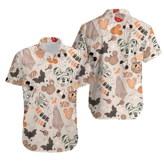 Discover Disney Halloween Mickey & Friends Pattern Sand Yellow Unisex Hawaiian Shirt