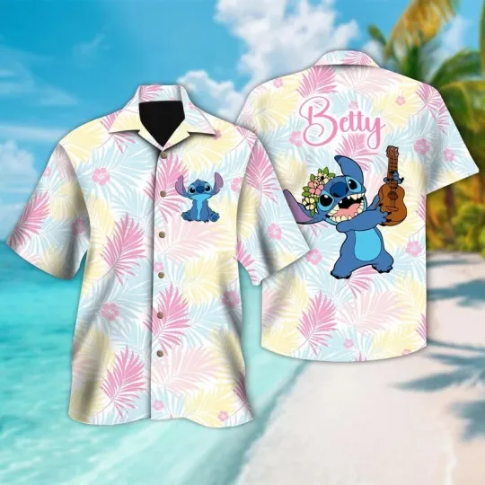 Discover Disney Funny Stitch Play Guitar Colorful Tropical Leaf Aloha Hawaiian Shirt