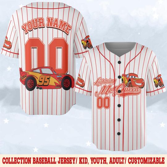 Custom Lightning McQueen Baseball Jersey, Custom Disney Cars Baseball Shirt, Matching Disney Trip Outfit, Disneyland Birthday Gift