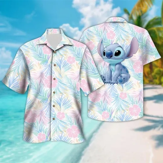 Discover Disney Vintage Stitch Colorful Tropical Leaves Hibiscus Flowers Hawaiian Shirt