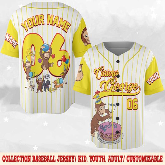 Discover Curious George Birthday Baseball Jersey/Curious George Baseball Shirt/Curious George Birthday Jersey Shirt/Custom Baseball Jersey